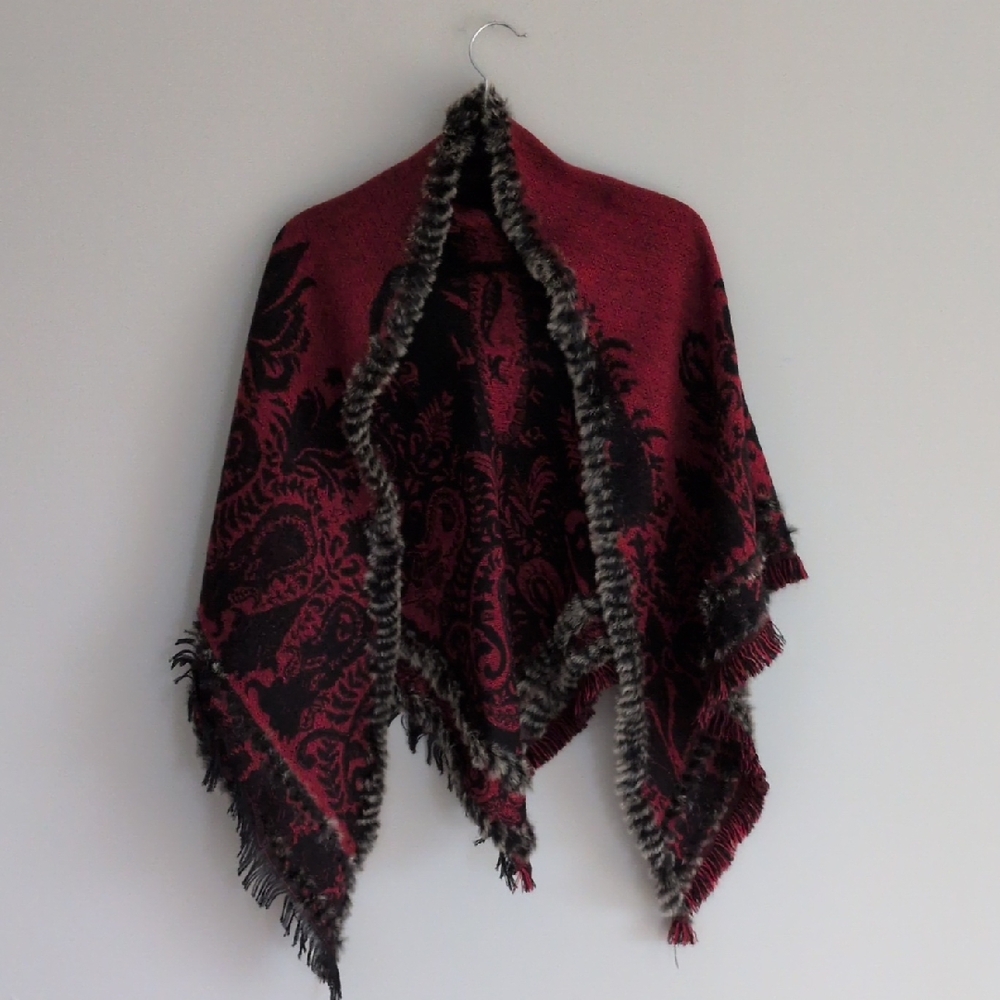 Reversible Red & Black Real Fur Trimmed Shawl Wrap O/S